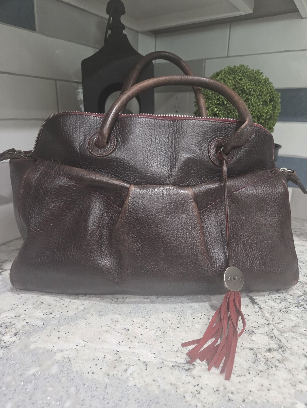 Furla Brown Leather Satchel with Red Tassel Accent Vintage Furla